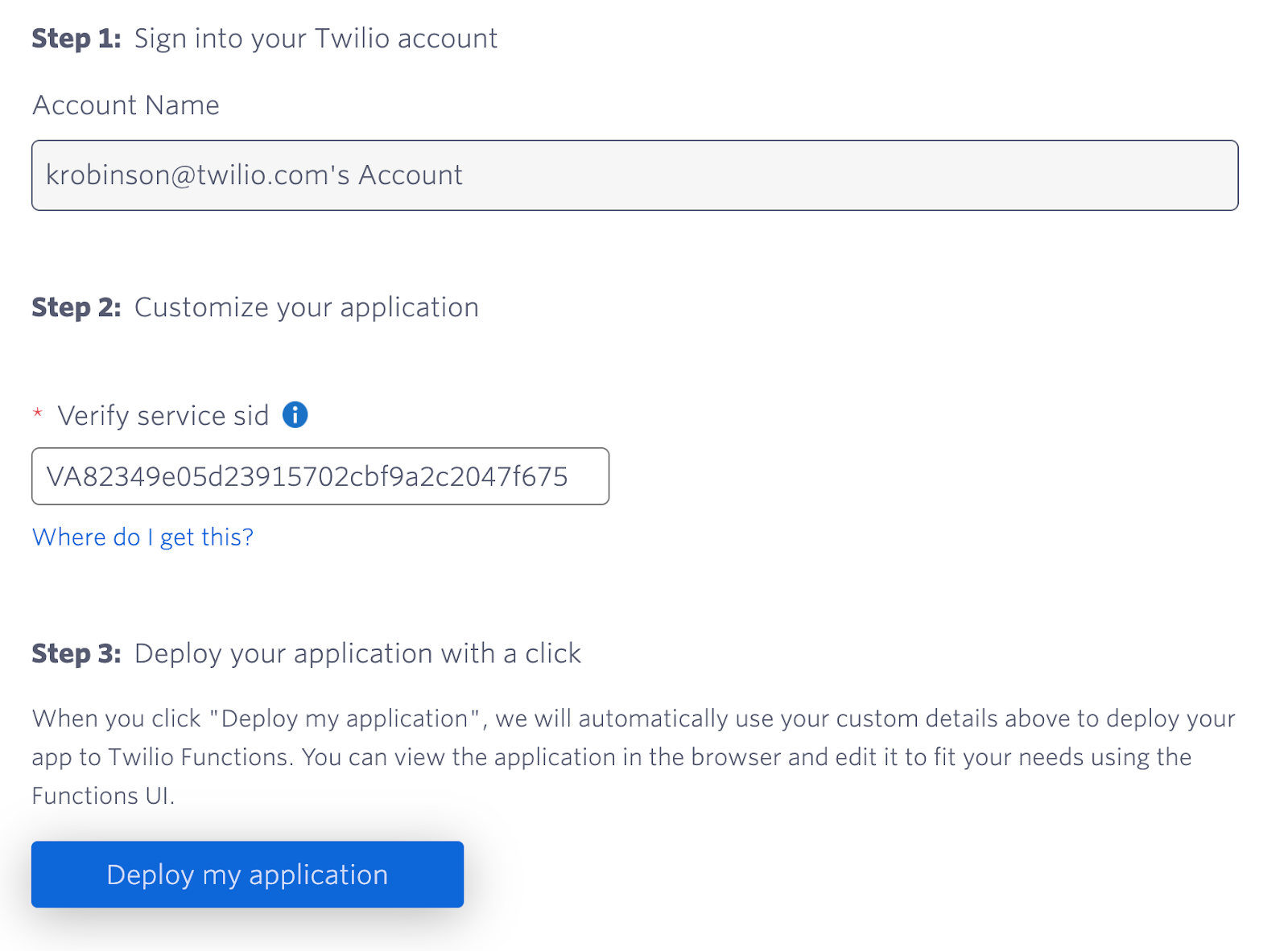 Twilioのクイックデプロイ手順1～3（VerifyサービスのSIDを入力するフィールドと、アプリケーションをデプロイするための送信ボタンを含む）