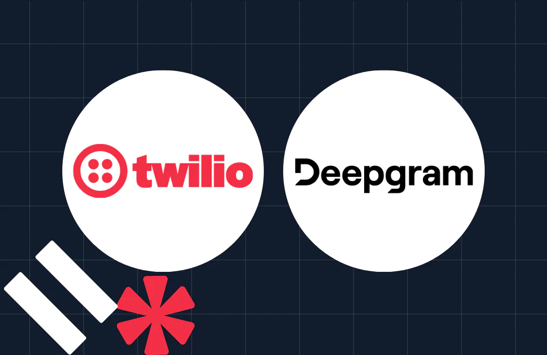 Logos of Twilio in red and Deepgram in black on a dark grid background with abstract shapes.