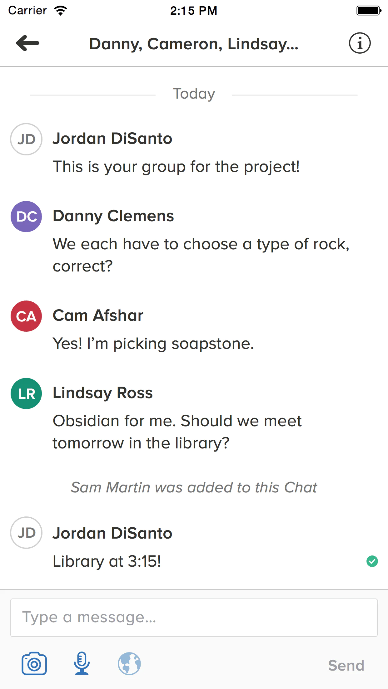 A group chat where students discuss their school project and arrange to meet at the library.