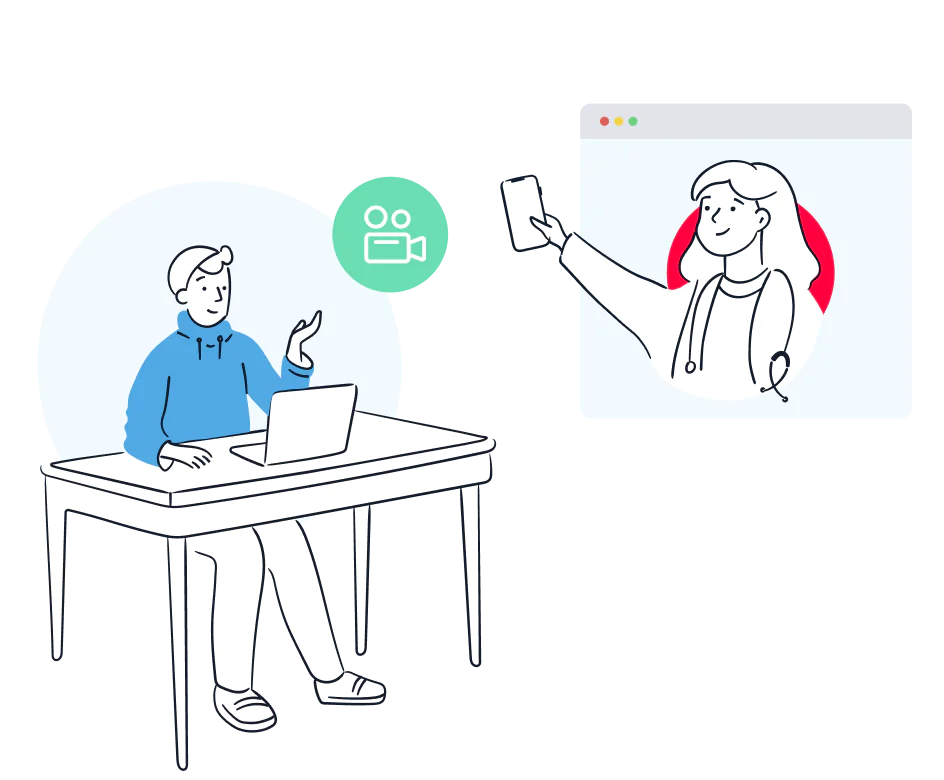 Person at a desk on a video call with a doctor on a screen.