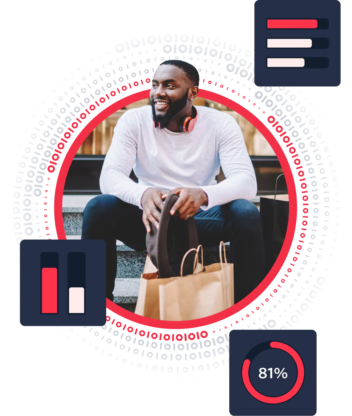 Smiling man wearing headphones holds a hat and a brown shopping bag, surrounded by digital data graphics