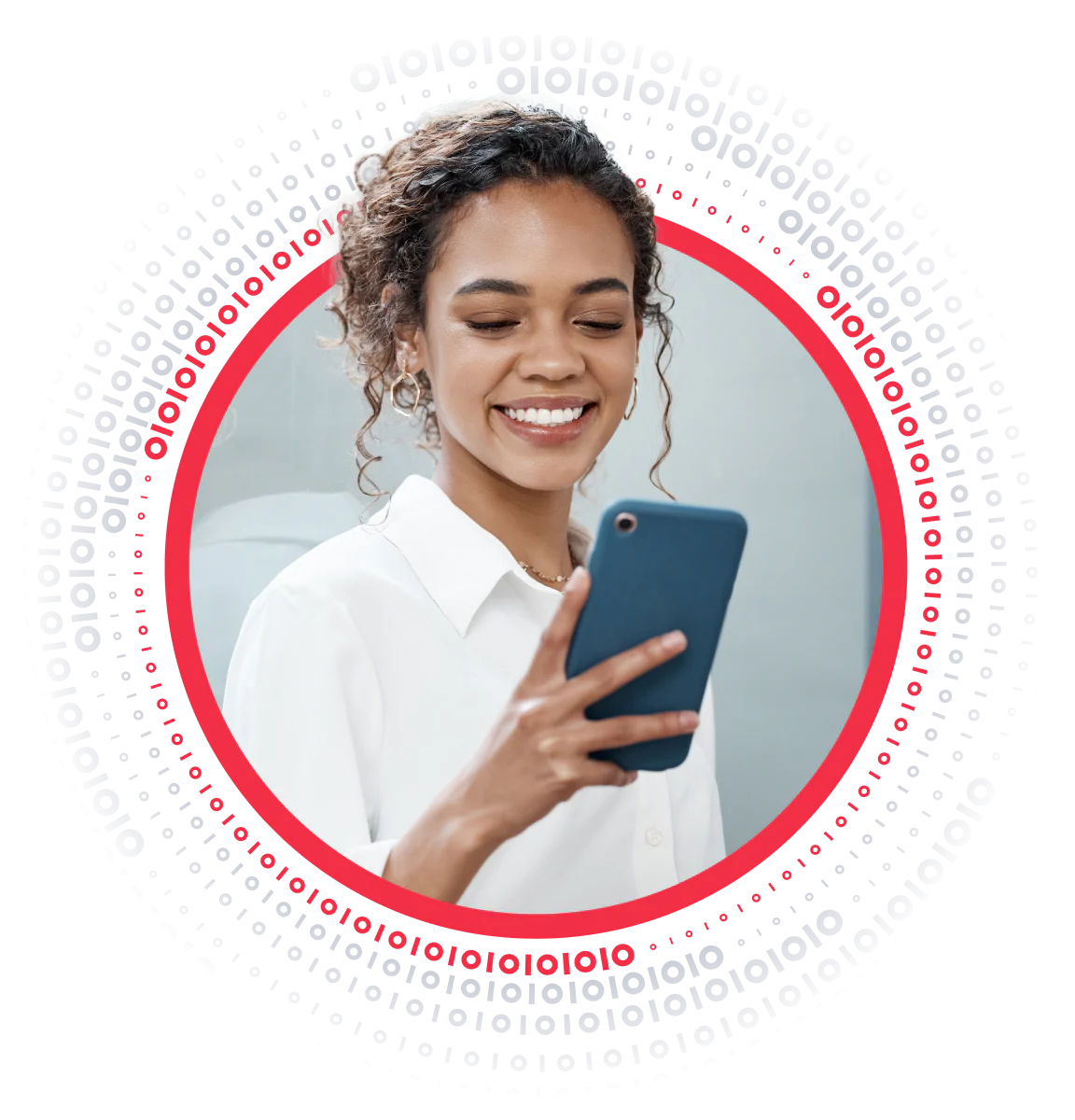 Woman smiling and looking at her smartphone, with binary code in a circular pattern around her.