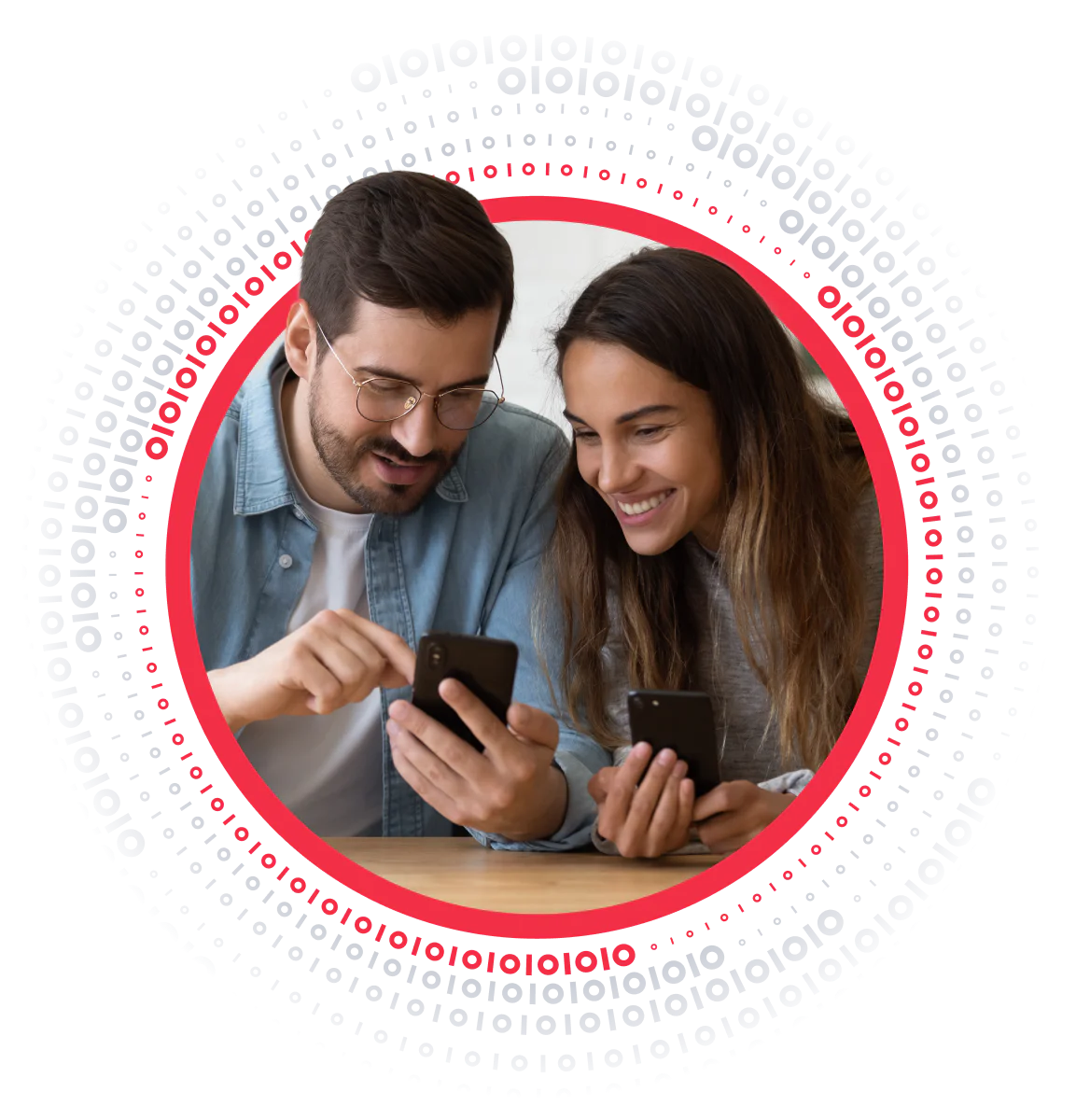 A man and woman happily looking at their smartphones together, framed by a binary code pattern.