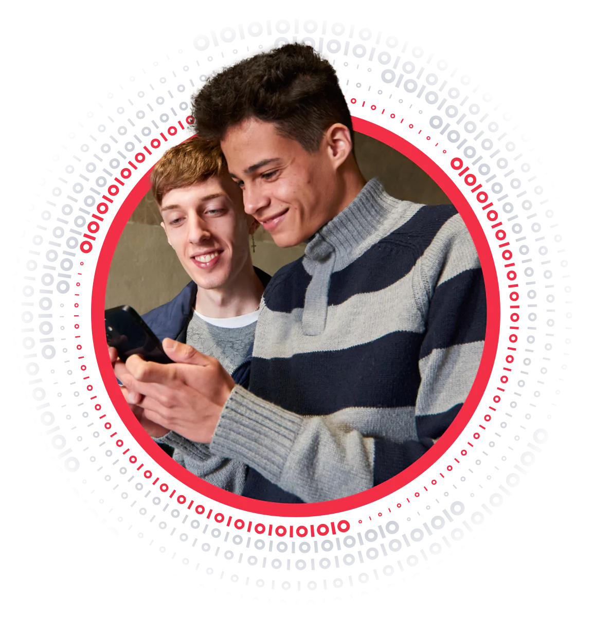 Two young men smiling while looking at a smartphone, surrounded by binary code and a red circle.