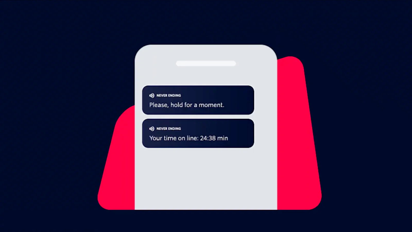 Smartphone screen displaying messages stating Please, hold for a moment. and wait time of 24