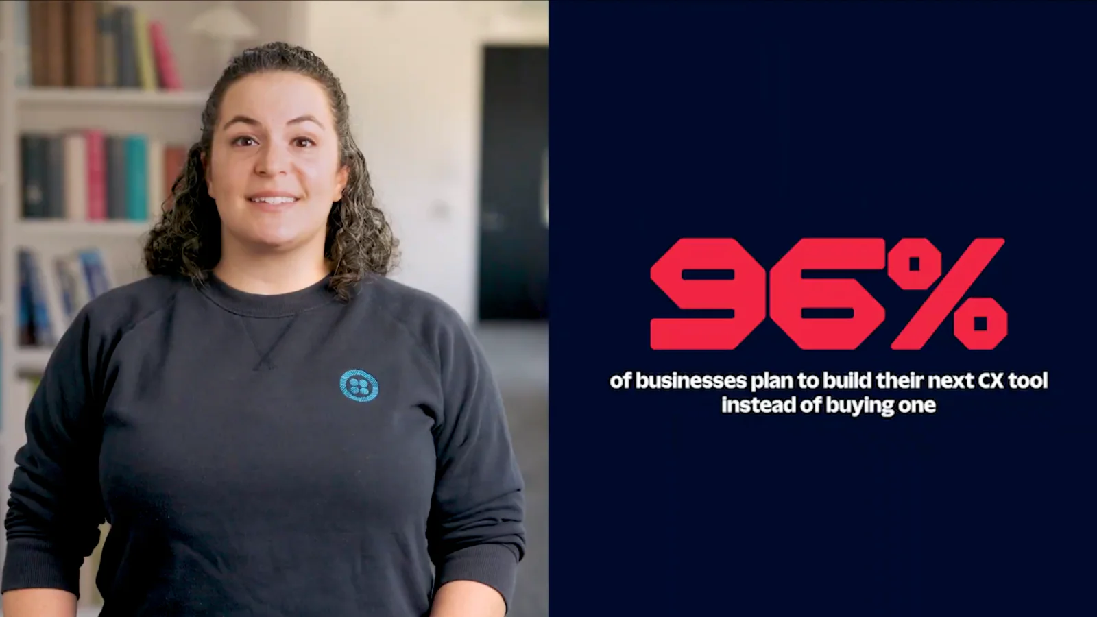 Woman in a black shirt with a 96% statistic displayed on the right