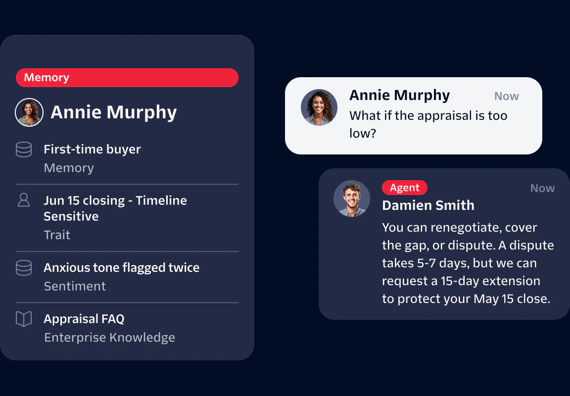 Chat interface showing conversation between an agent and a user with profile details and message history.