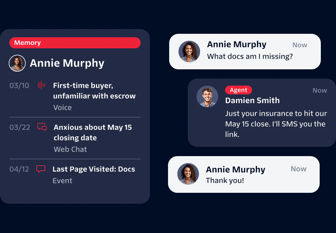 Messaging interface showing a conversation between Annie Murphy and Agent Damien Smith with task details.