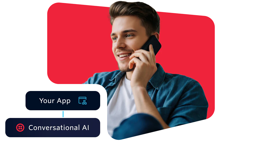 Smiling man speaking on phone with app and conversational AI diagram overlay on red background.