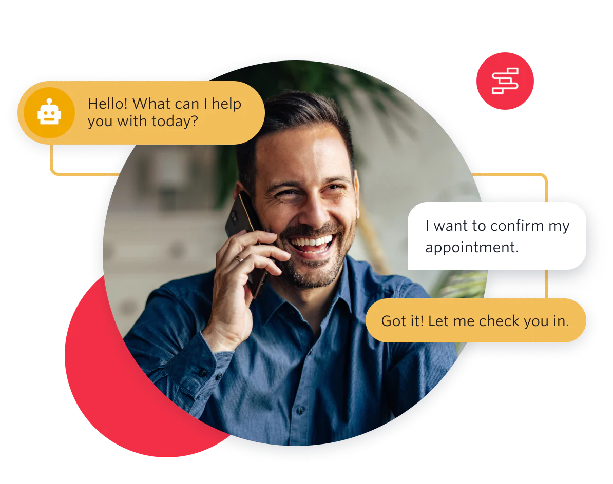 Smiling man using a laptop, surrounded by communication icons including chat, WhatsApp, and voice.