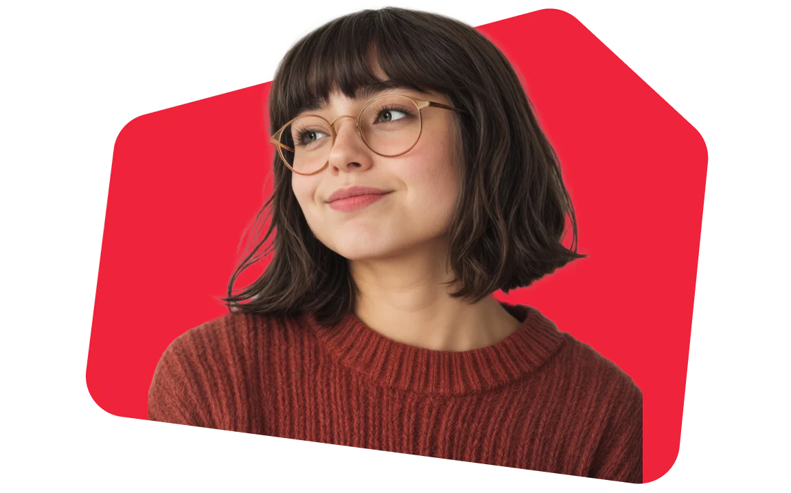 Woman with short hair and glasses wearing a red sweater, smiling against a red background.