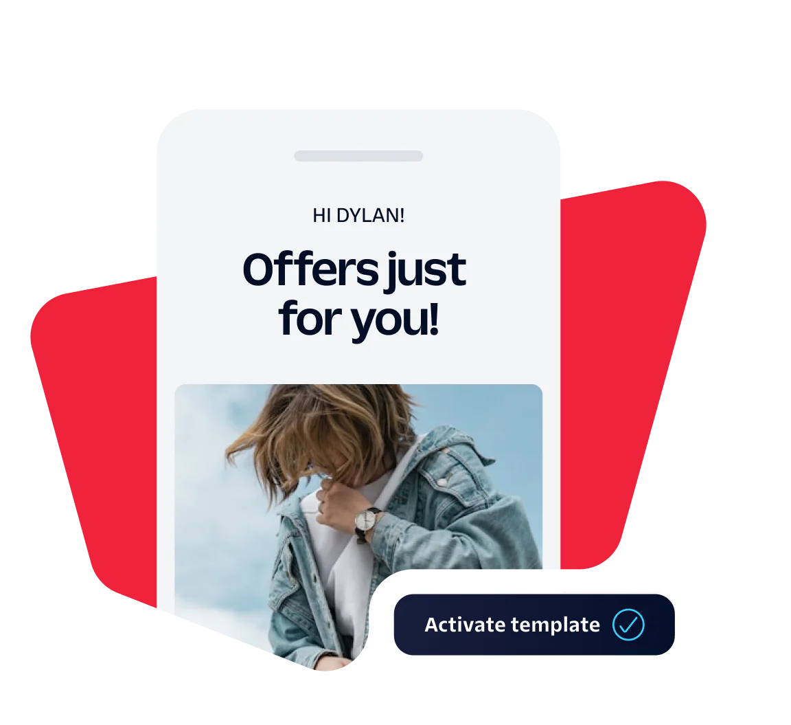 Smartphone screen displaying a personalized offer message with a person in a denim jacket.