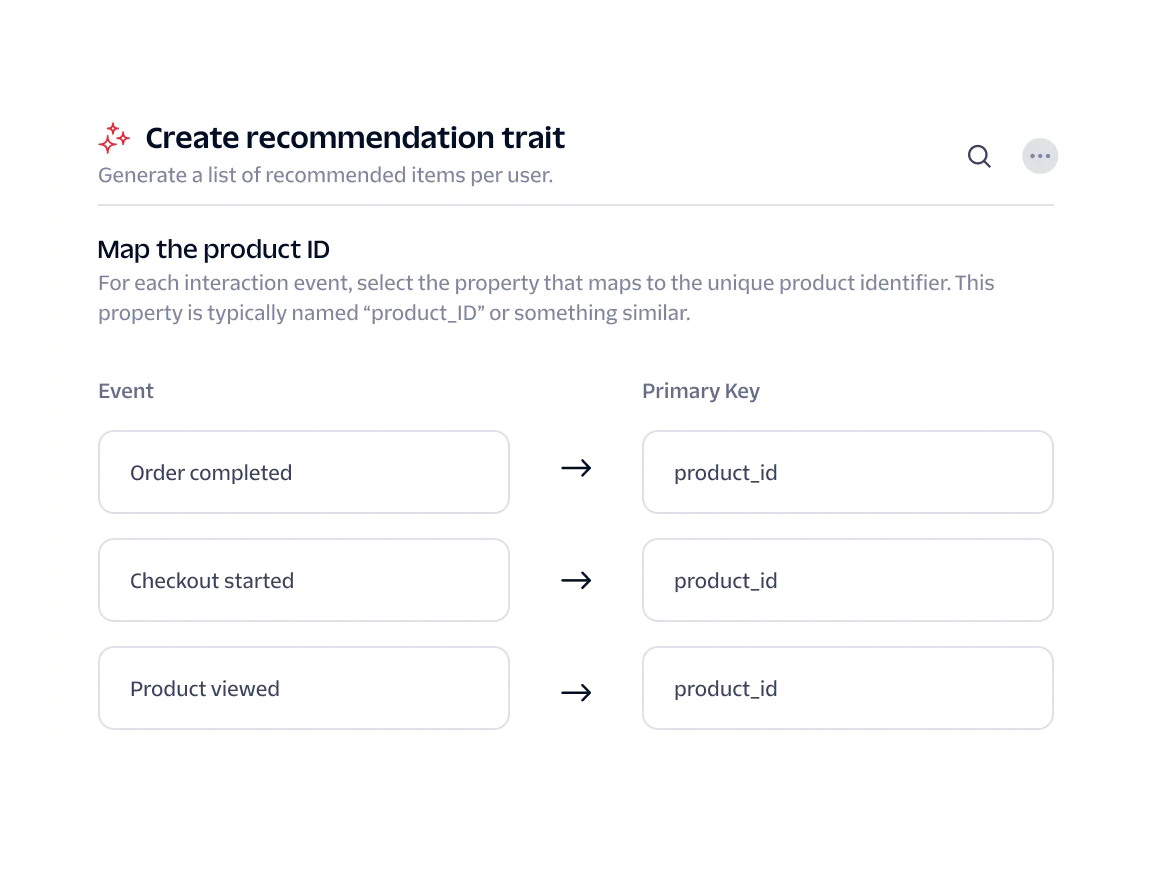 Screen showing recommendation trait creation process by mapping events to the product_id primary key.