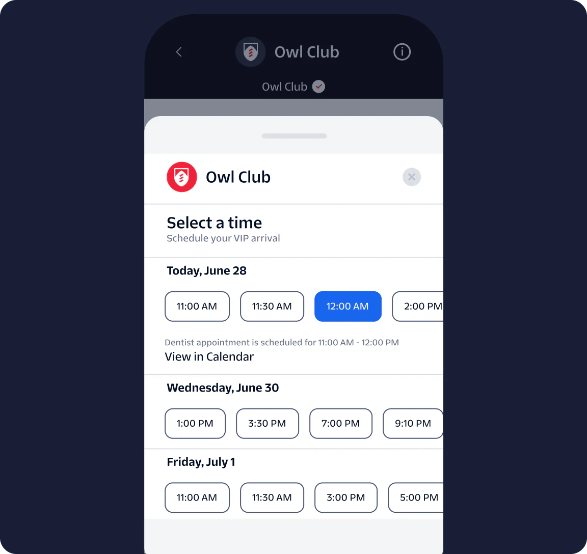 Owl Club scheduling interface showing available times for appointment booking on June 28, June 30, and July 1.