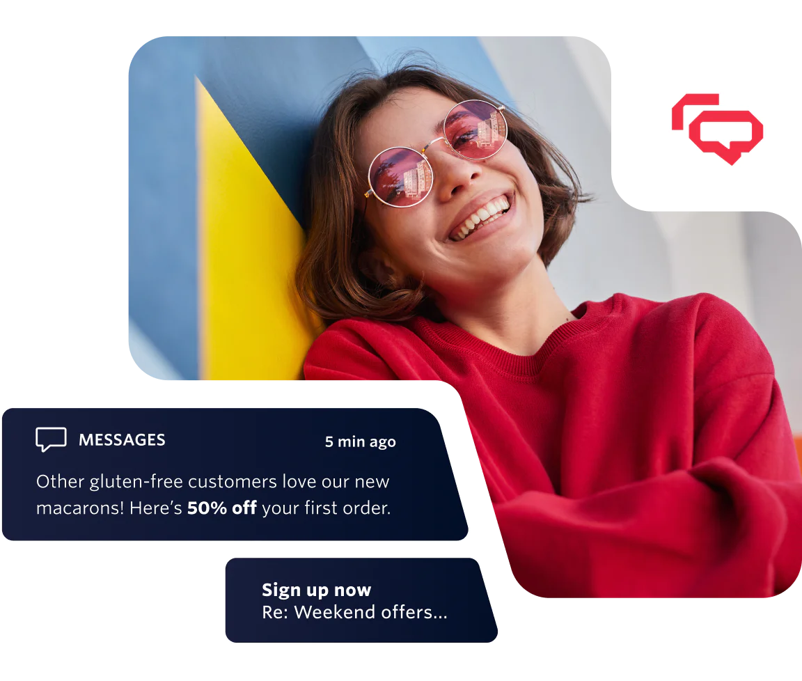 A woman in a red sweater smiling with sunglasses and promotional messages about macarons on the image.