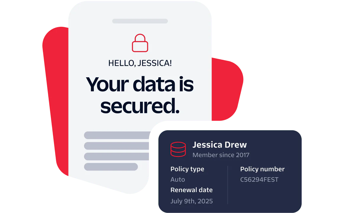 A digital card notifies Jessica Drew that her data is secured with policy details and renewal date.