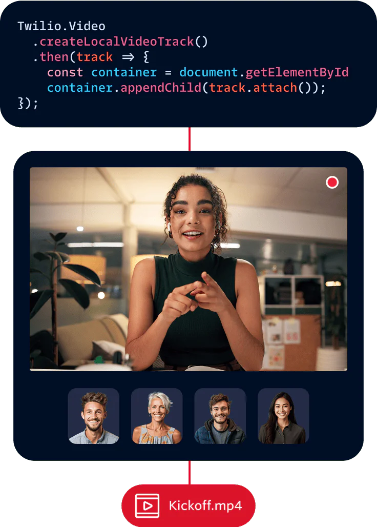Woman smiling and using a laptop, video chat window, and code snippet displayed.