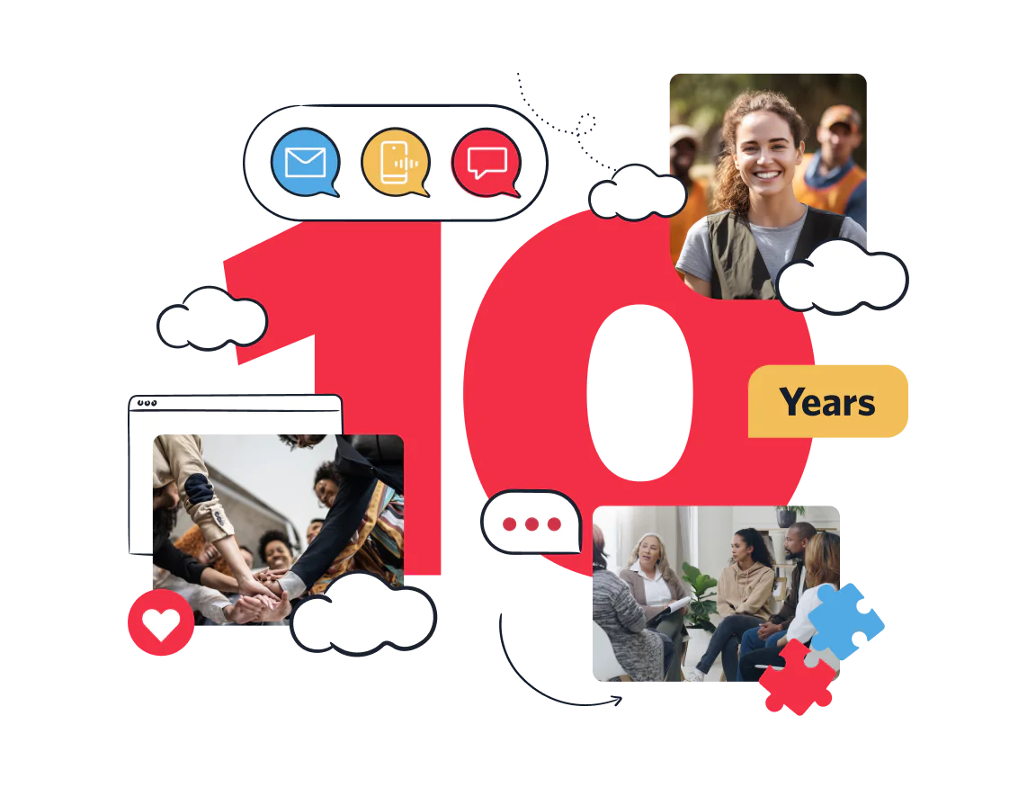 Happy people participating in group activities with a 10 Years banner and various communication icons.