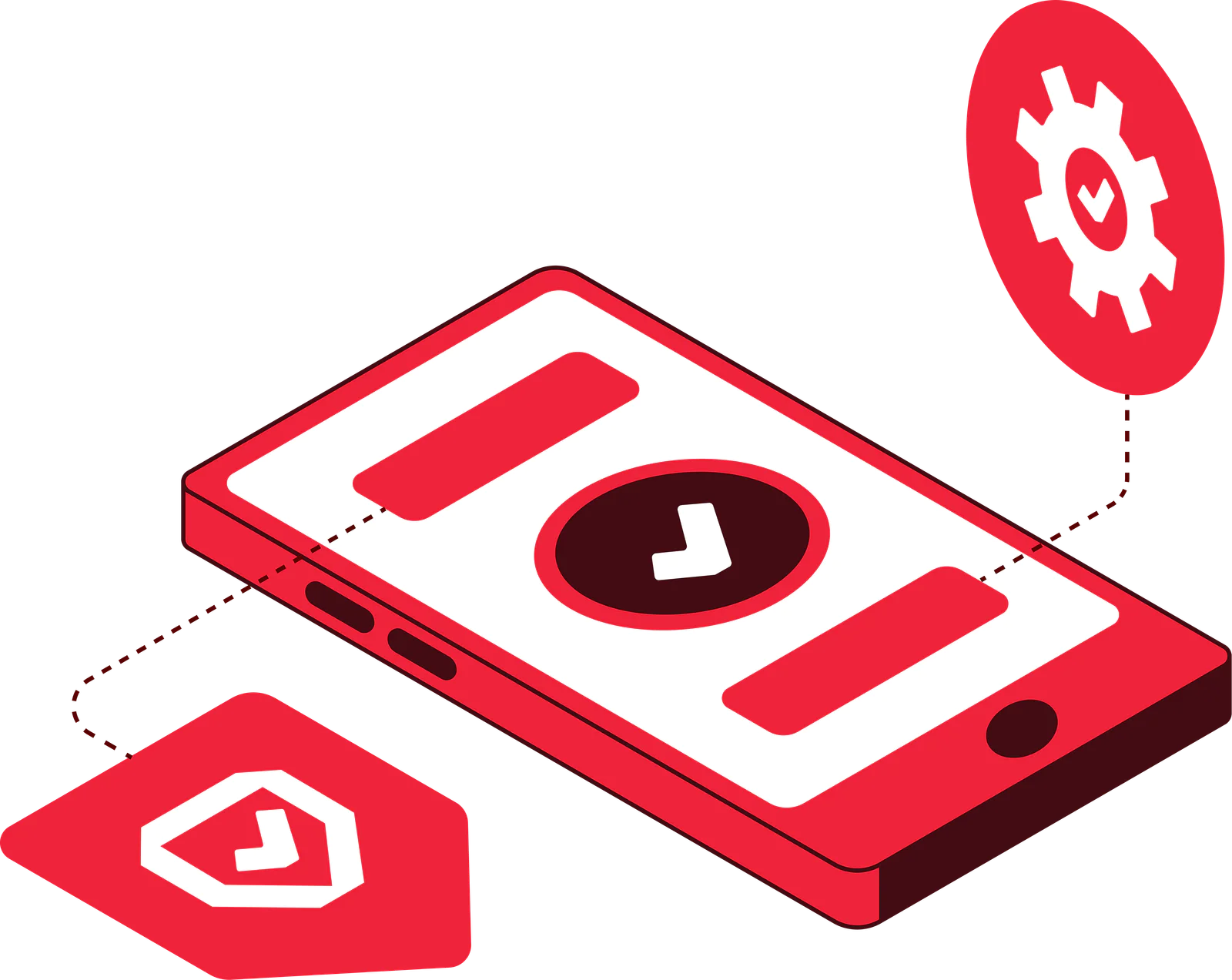 Red isometric design of a smartphone with check marks and settings gear icons.