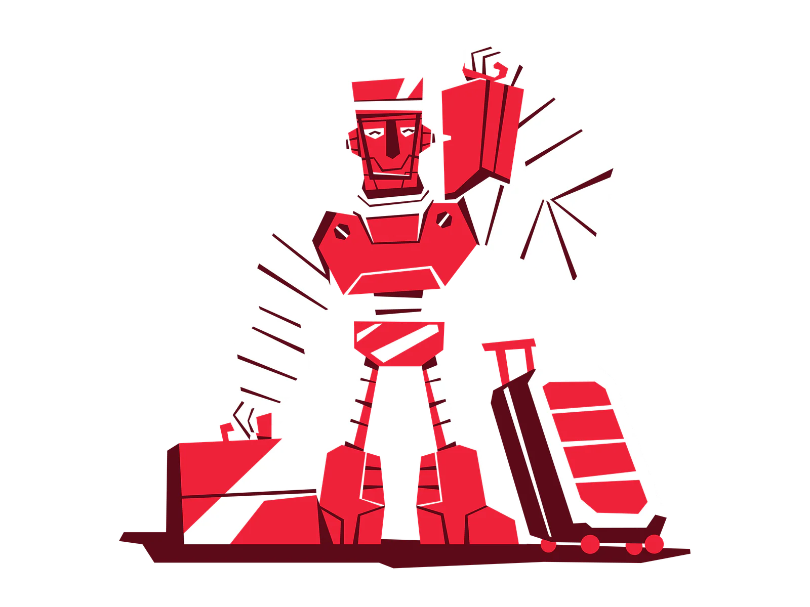 Red and white robot holding and pulling luggage on a black background