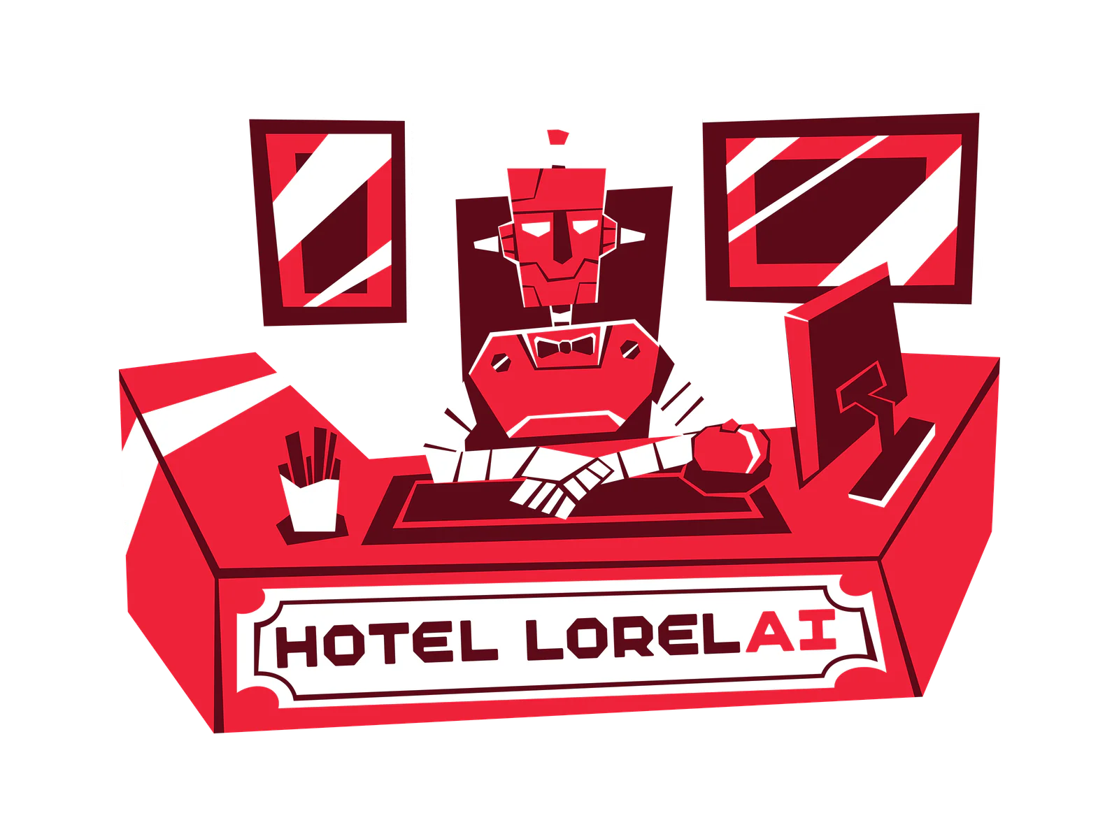 Cartoon robot receptionist sitting at a desk labeled Hotel Lorelai with computer and office supplies.