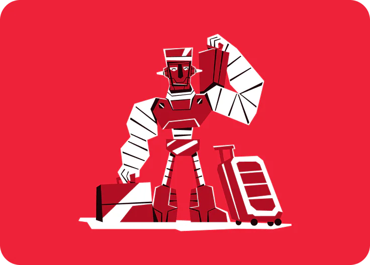 Cartoon robot holding suitcase next to another suitcase on wheels.