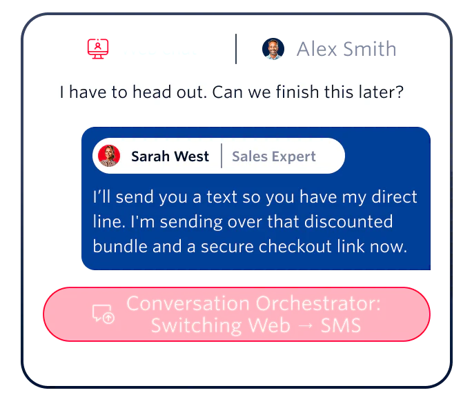 A web chat between Alex Smith and Sarah West, switching to SMS with a conversation orchestrator.
