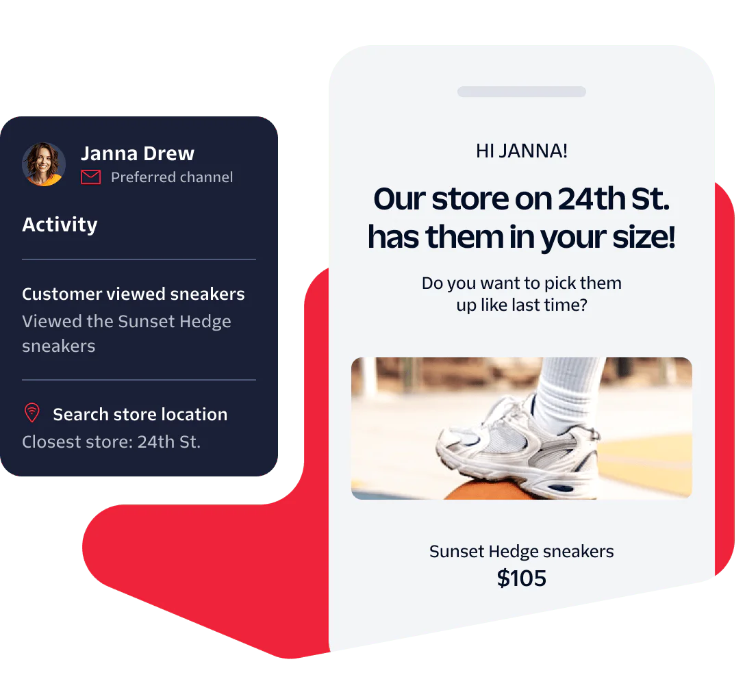 Mobile notification showing customer activity details and recommending shoes based on location and preferences.