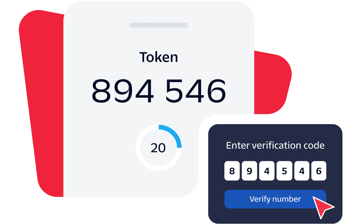 Two-factor authentication screen showing token number and fields to enter and verify the code.