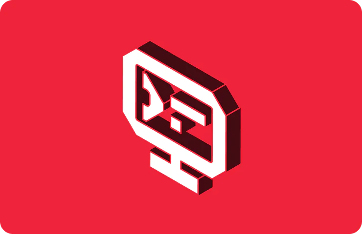 Isometric illustration of a computer with a warning symbol on a red background.