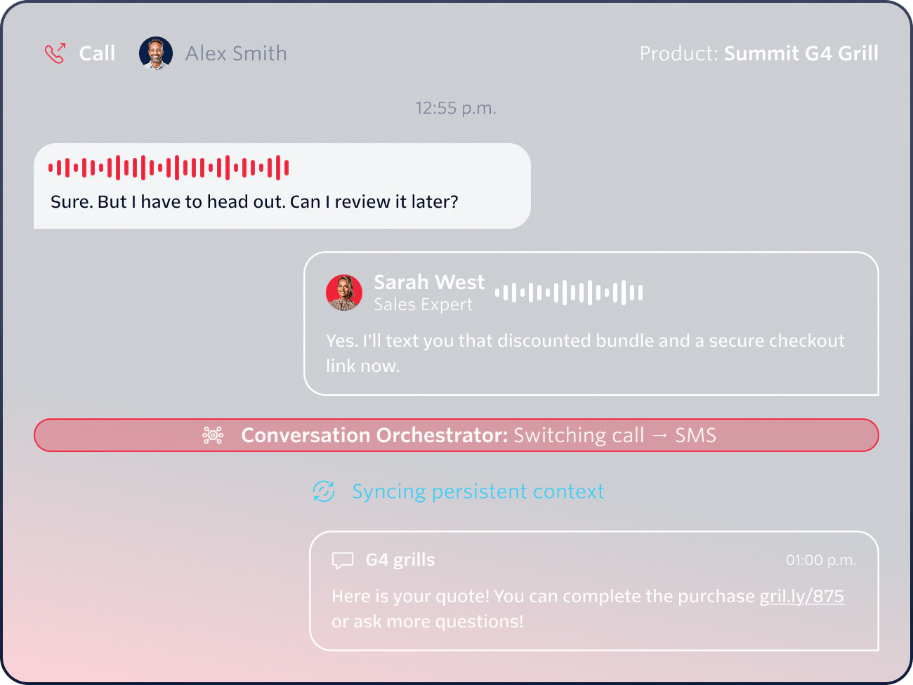 Screenshot of a customer service chat discussing the purchase of a Summit G4 Grill.
