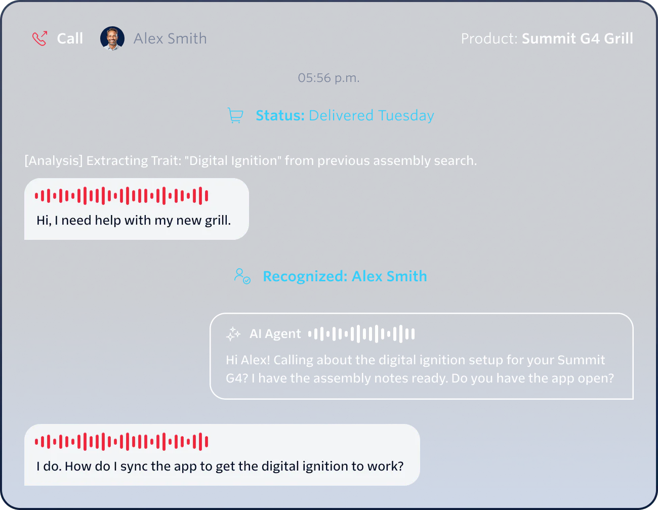Customer asking for help with digital ignition setup for Summit G4 grill via AI agent chat.