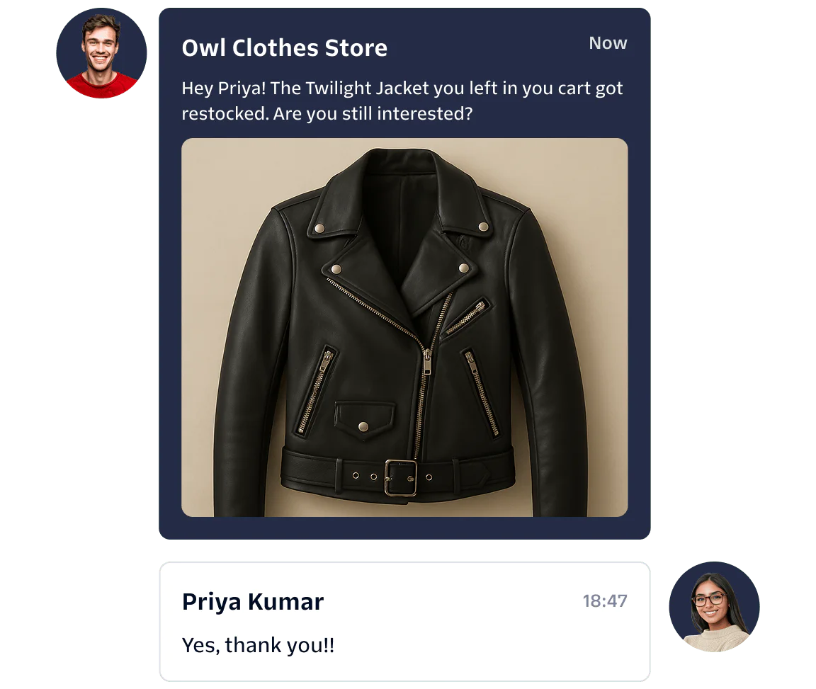 Women interacting at store counter with shopping bags and chat bubble about restocked item with link.