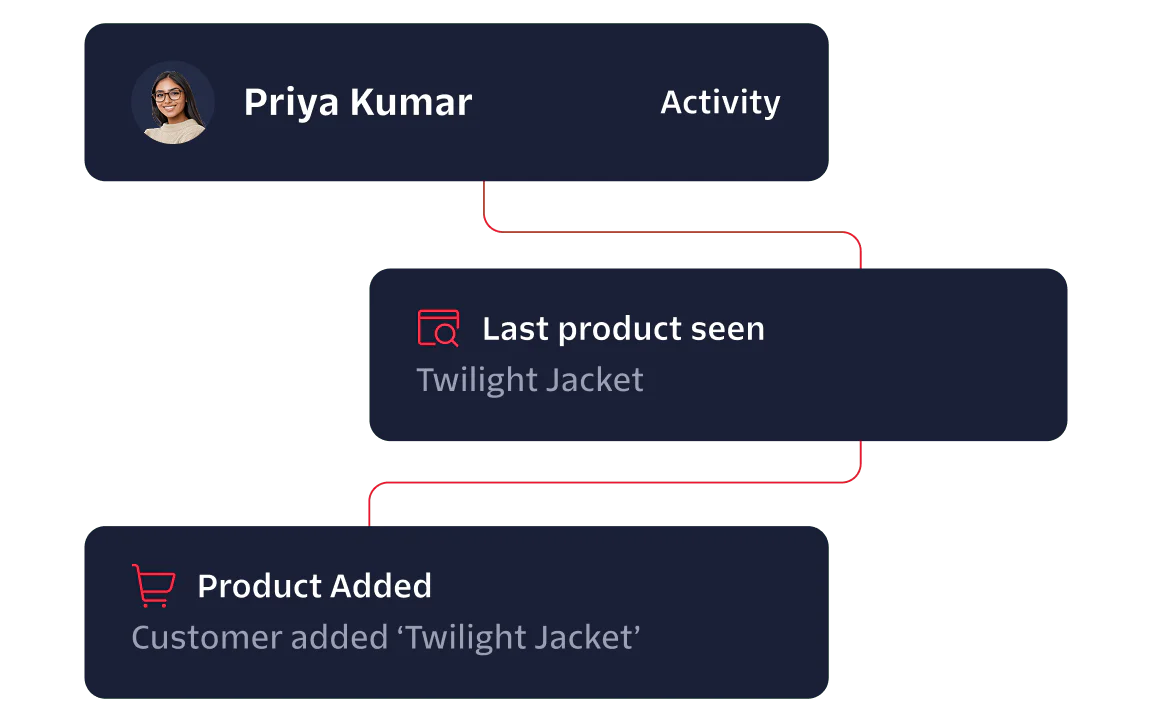 Flowchart showing Priya Kumar's activity; last product seen was 'Twilight Jacket' and added 'Twilight Jacket' to cart.