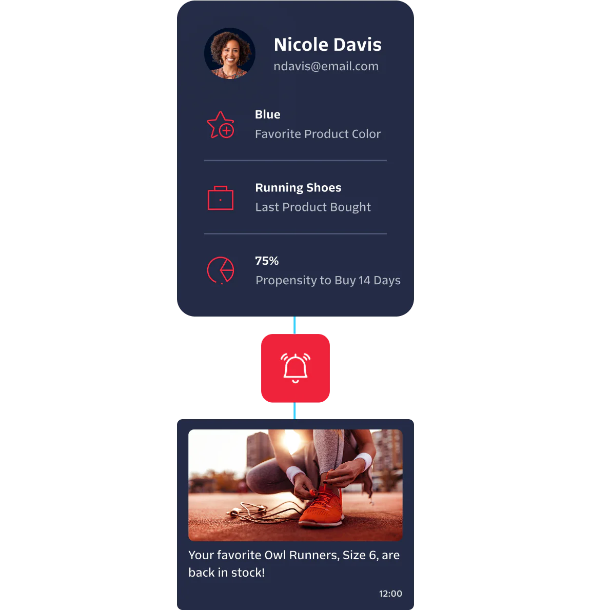 Personalized shopping notification showing Nicole's preferences and recent purchase.