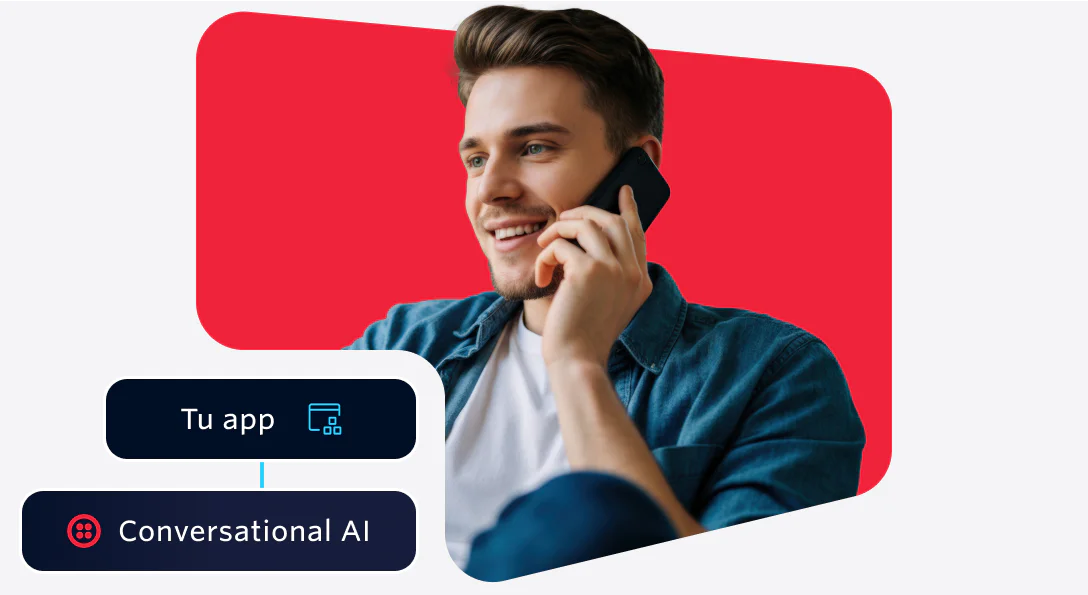 Smiling man speaking on phone with app and conversational AI diagram overlay on red background.