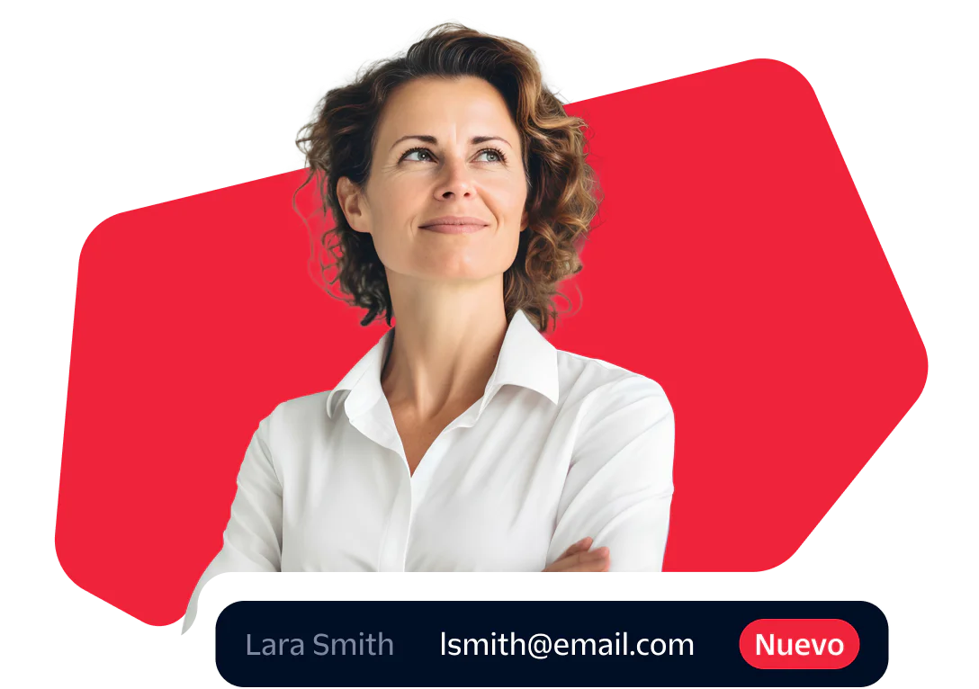Woman in white shirt looking confident with an email address and new message alert