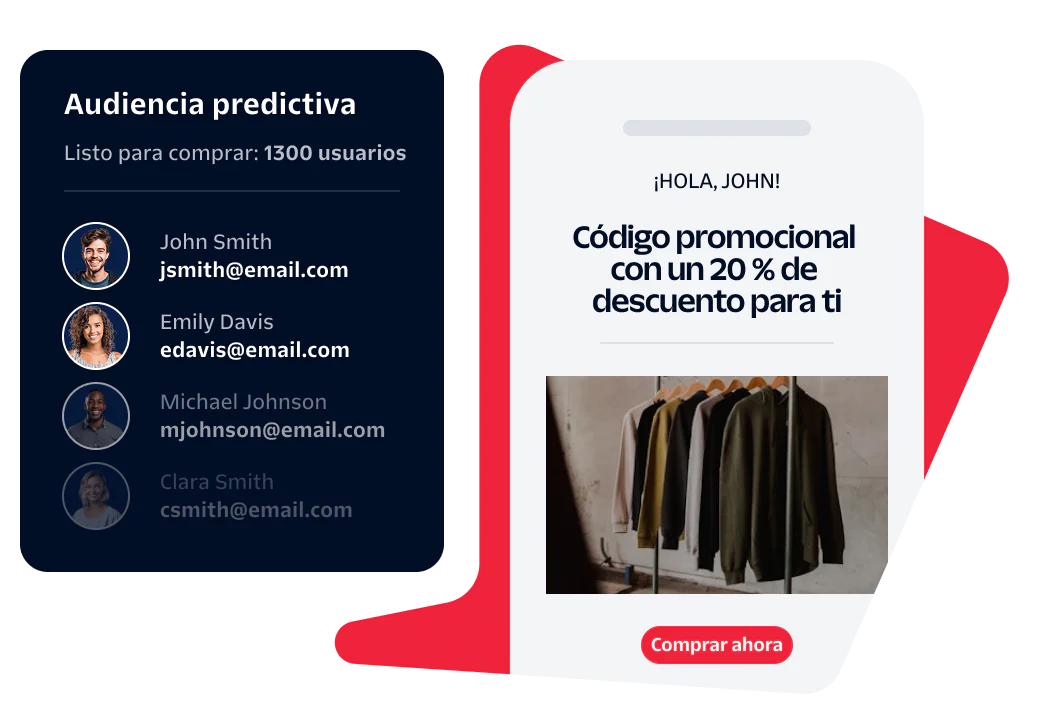 Dashboard showing predictive audience and promo code offer for 20% off with a Shop now button