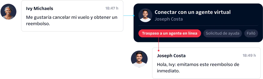 A customer asks a virtual agent to cancel a flight and get a refund; the request is handed off to a live agent.