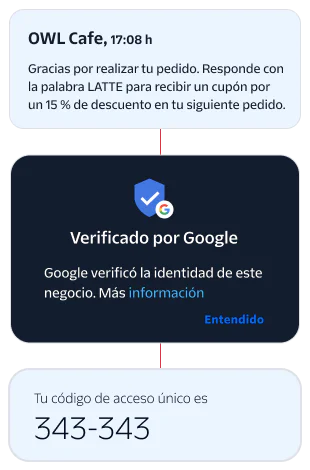 Notifications showing order confirmation from OWL Cafe and Google business verification.
