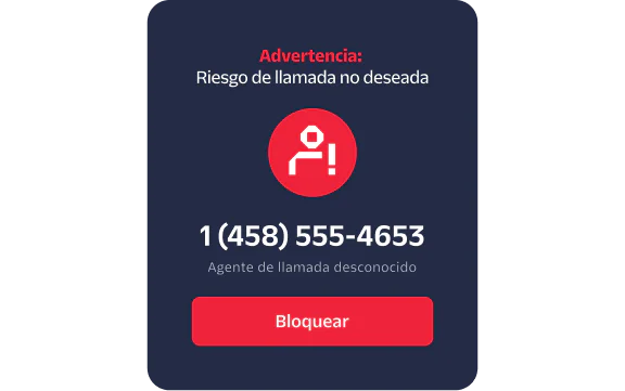 Phone screen showing an incoming call from an unknown number with a spam risk warning and block option.