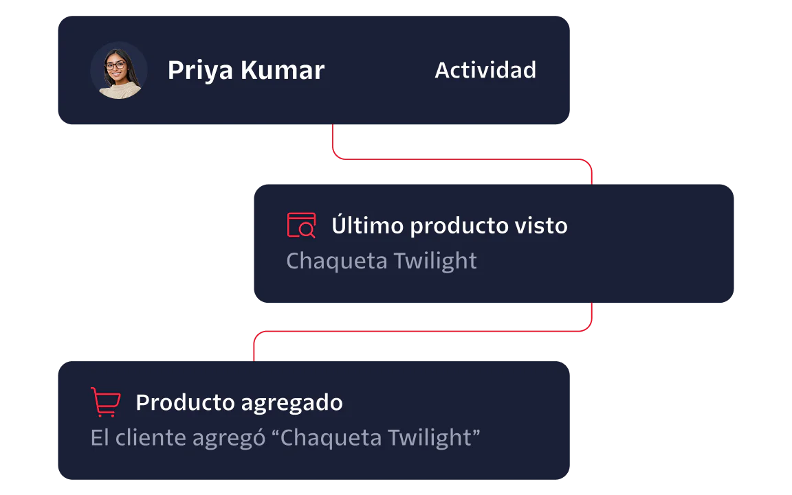 Flowchart showing Priya Kumar's activity; last product seen was 'Twilight Jacket' and added 'Twilight Jacket' to cart.