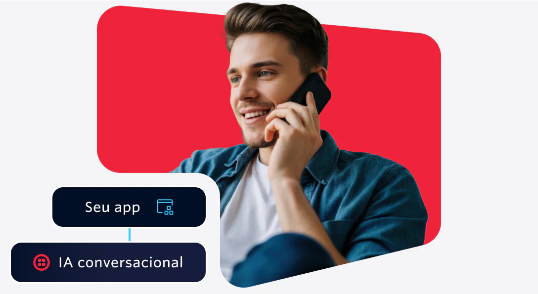 Smiling man speaking on phone with app and conversational AI diagram overlay on red background.