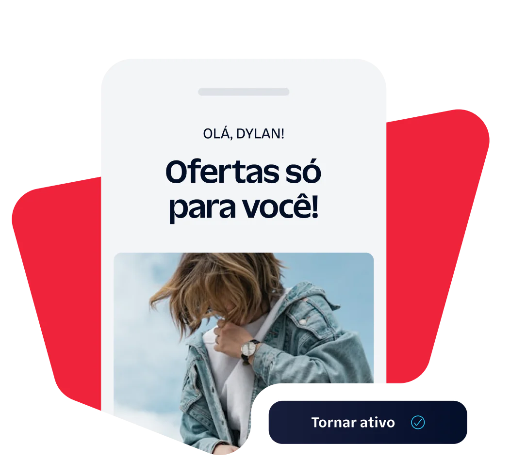 Smartphone screen displaying a personalized offer message with a person in a denim jacket.