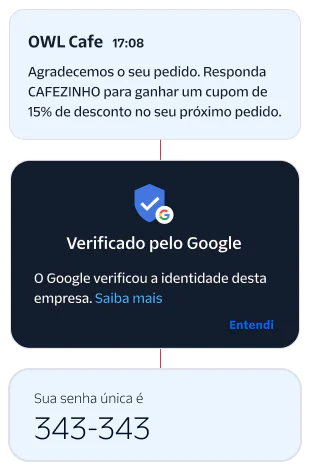 Notifications showing order confirmation from OWL Cafe and Google business verification.
