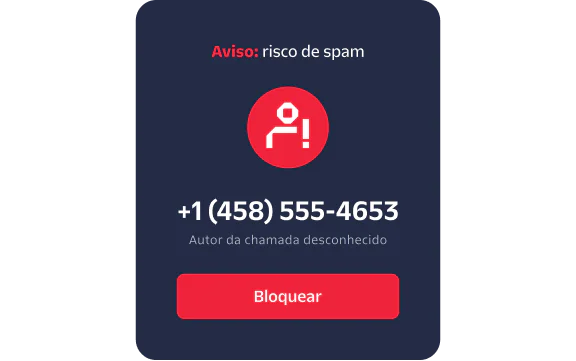Phone screen showing an incoming call from an unknown number with a spam risk warning and block option.