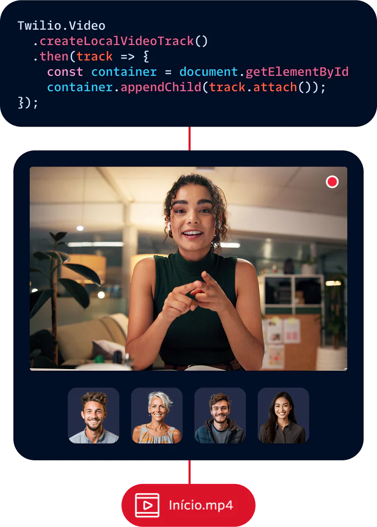 Woman smiling and using a laptop, video chat window, and code snippet displayed.