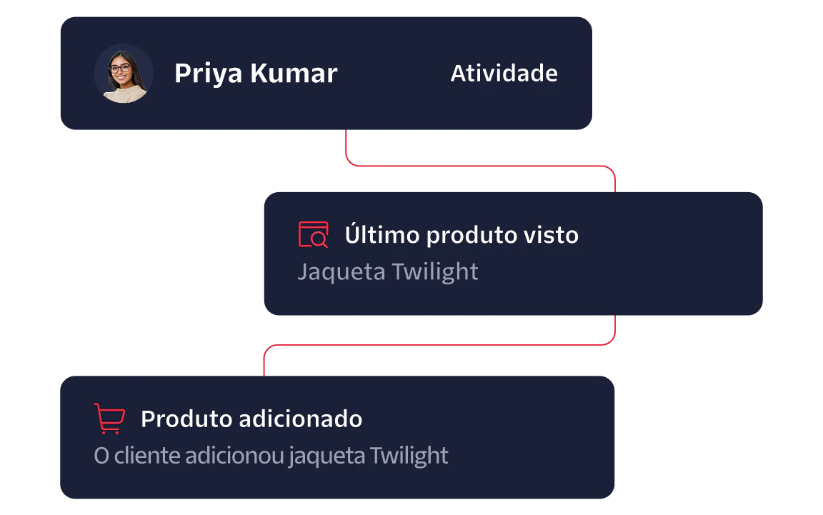Flowchart showing Priya Kumar's activity; last product seen was 'Twilight Jacket' and added 'Twilight Jacket' to cart.
